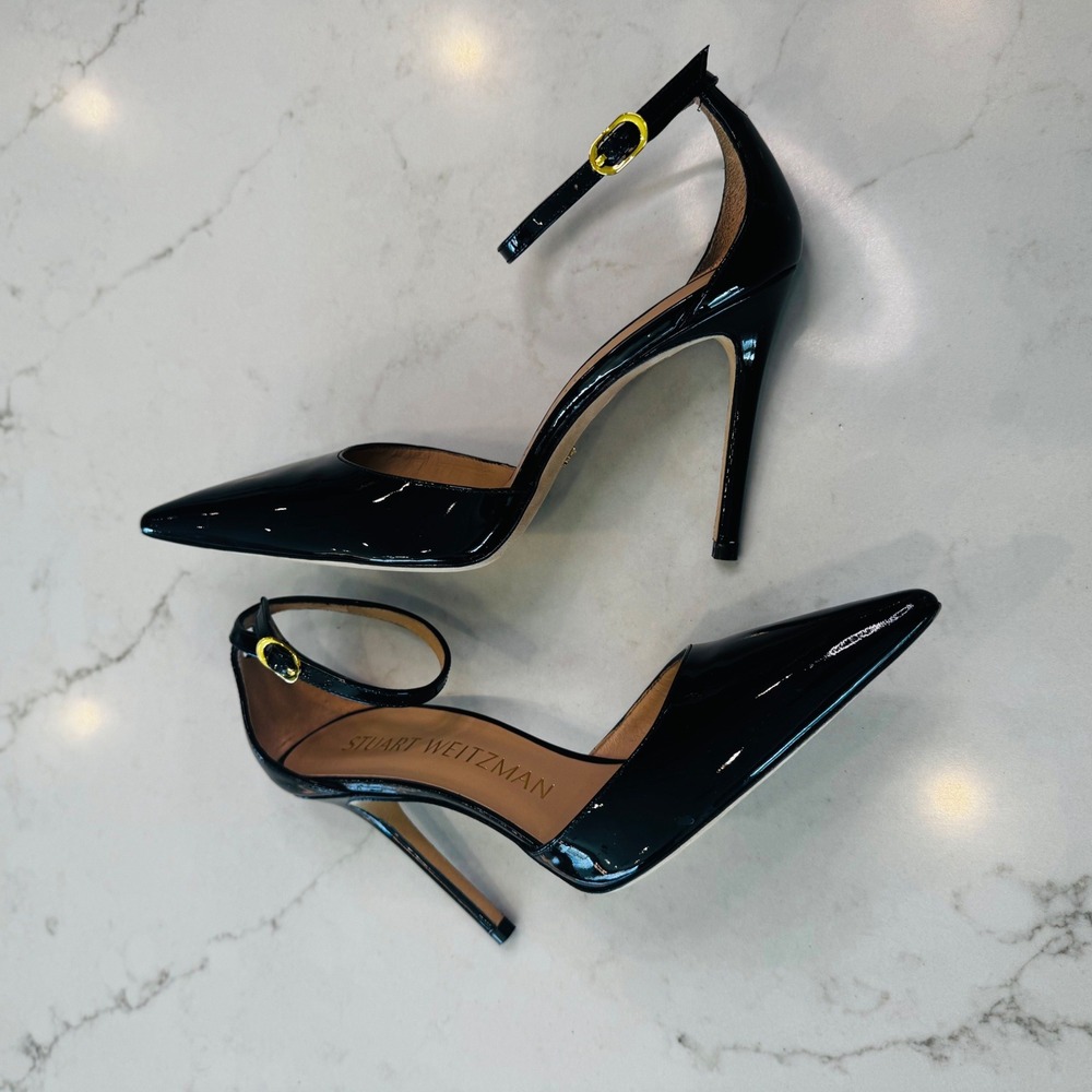 Stuart Weitzman Women 7.5 Black Patent Leather Ankle Strap Pointed Toe Pump Heel